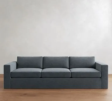 Pottery Barn ChatGPT ad — Carmel Square Arm 10-Foot Sofa Slipcover, Performance Luxe Chenille Steel Blue