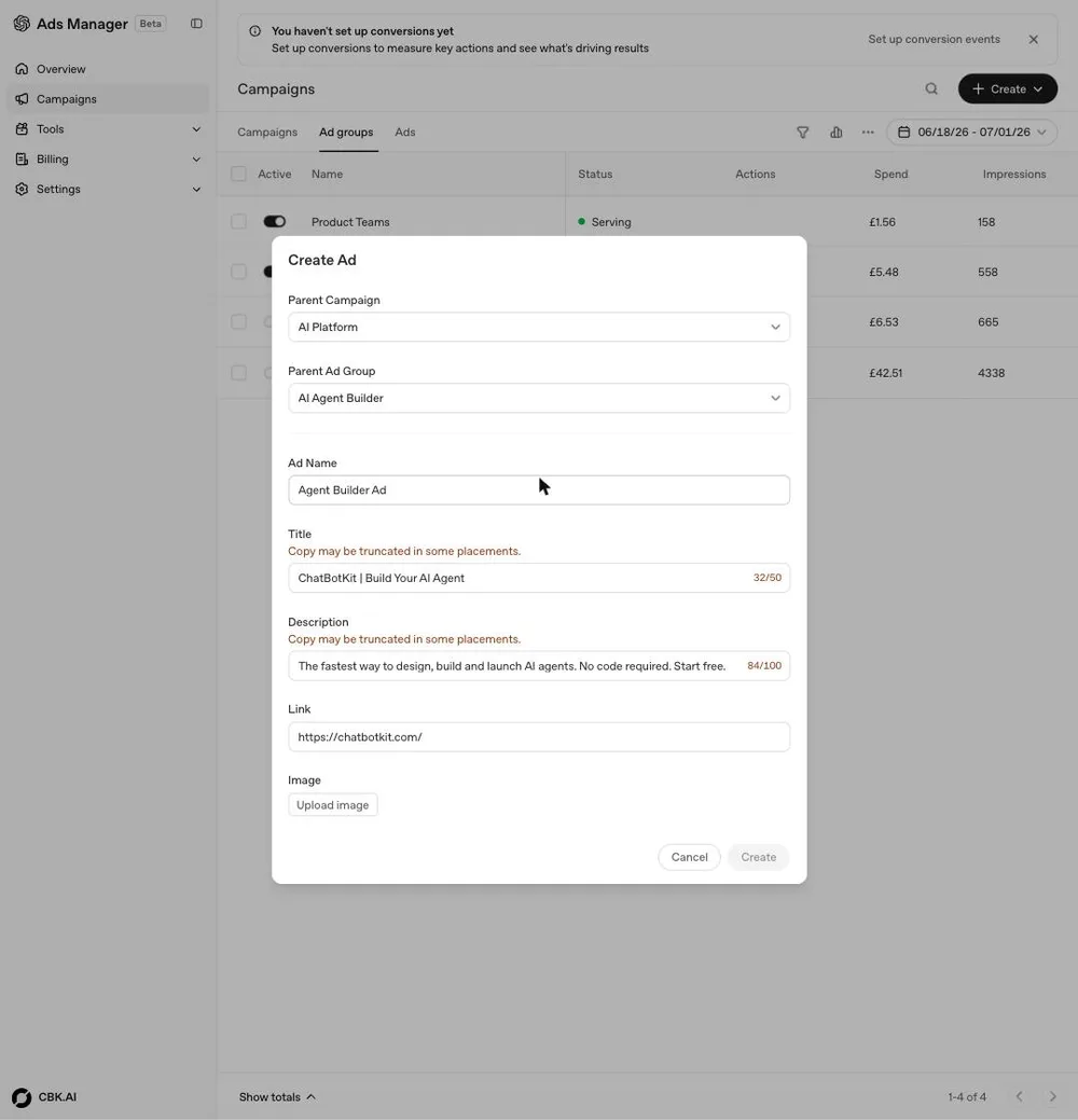 CBK.AI ChatGPT ad — ChatBotKit | Build AI Agents Without Code