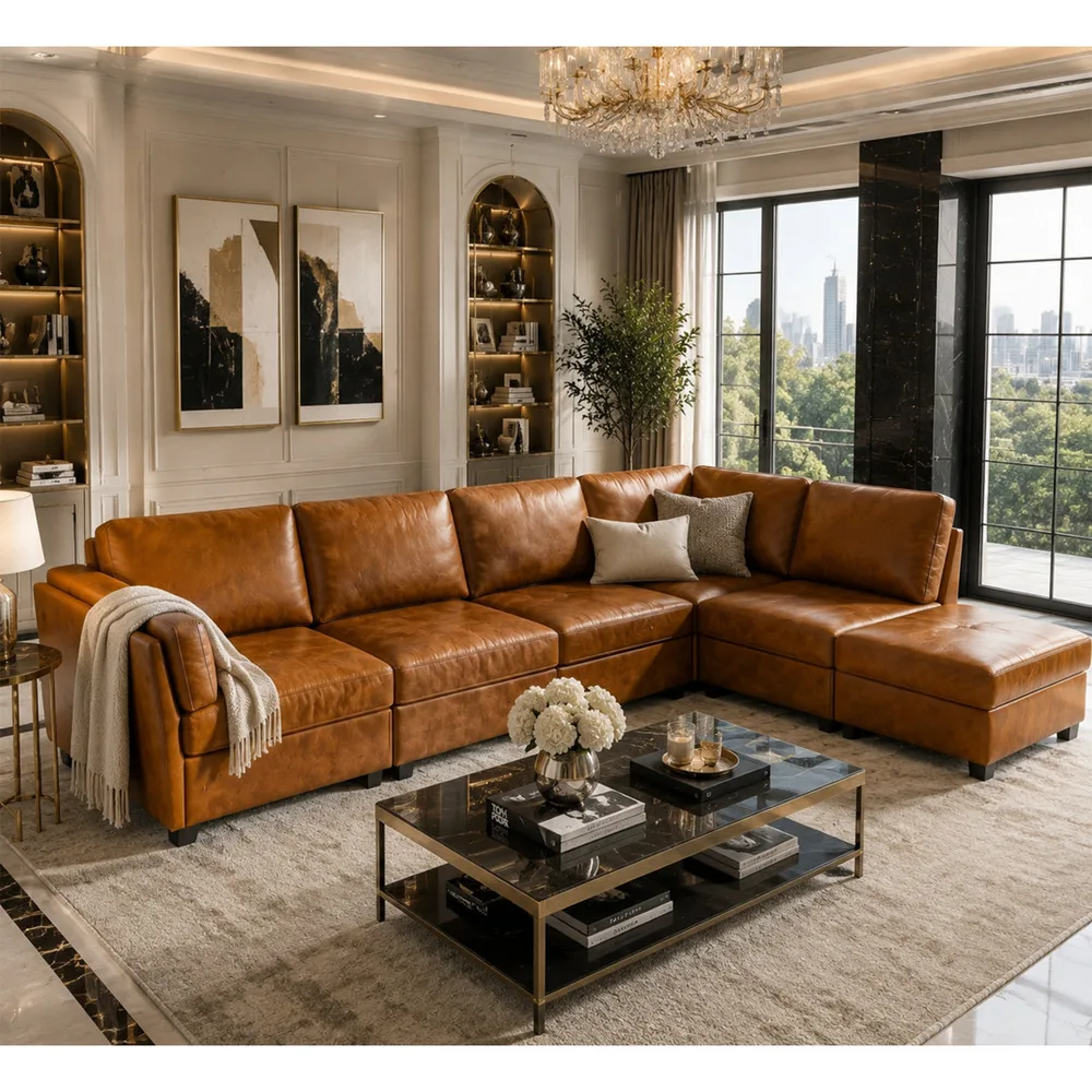 Wayfair ChatGPT ad — 94.5" Caramel Leather Sectional Sofa Couch George Oliver